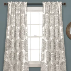 Evelyn Medallion Gray & White Room-Darkening Rod Pocket Curtain Panel Pair, (95")
