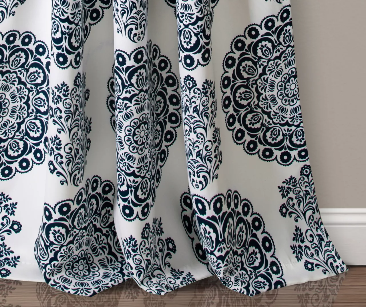 Evelyn Medallion Navy & White Room-Darkening Rod Pocket Curtain Panel Pair, (95") - Image 3