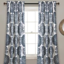 Evelyn Medallion Navy & White Room-Darkening Rod Pocket Curtain Panel Pair, (95")