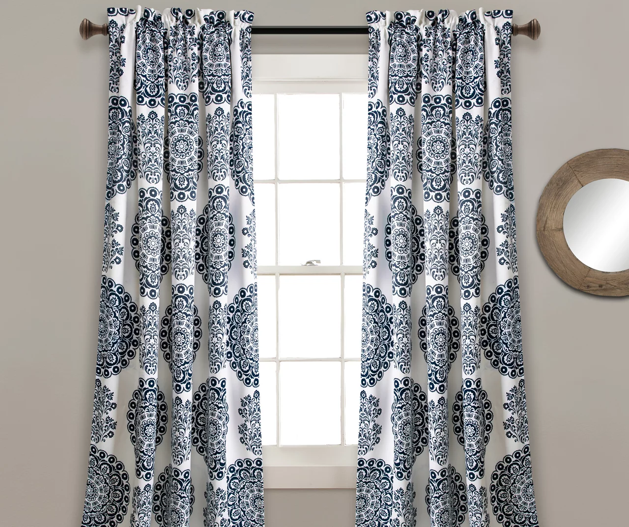 Evelyn Medallion Navy & White Room-Darkening Rod Pocket Curtain Panel Pair, (95")