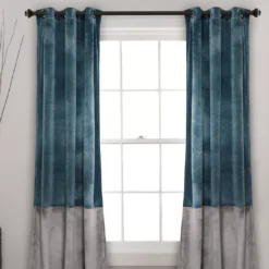 Prima Velvet Color Block Slate Blue & Gray Room-Darkening Grommet Curtain Panel Pair, (84")