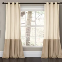 Prima Velvet Color Block Ivory & Taupe Room-Darkening Grommet Curtain Panel Pair, (84")