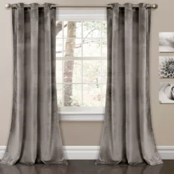 Prima Velvet Gray Room-Darkening Grommet Curtain Panel Pair, (84")