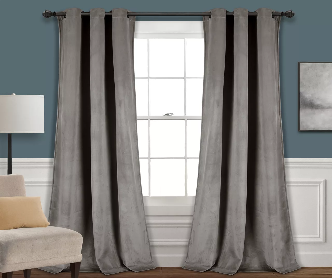 Prima Velvet Gray Room-Darkening Grommet Curtain Panel Pair, (108")