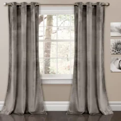 Prima Velvet Gray Room-Darkening Grommet Curtain Panel Pair, (95")