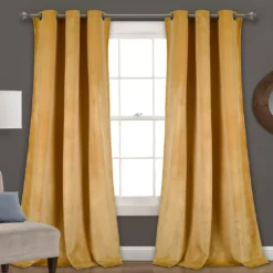 Prima Velvet Yellow Room-Darkening Grommet Curtain Panel Pair, (84")