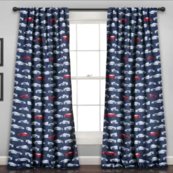 Race Cars Navy & Red Room-Darkening Back Tab Curtain Panel Pair, (84")