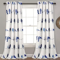 Rowley Birds Navy & White Room-Darkening Rod Pocket Curtain Panel Pair, (84")