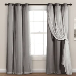 Lush Dark Gray Blackout Grommet Curtain Panel Pair With Sheer Overlay, (84")