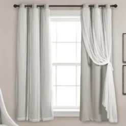 Lush Light Gray Blackout Grommet Curtain Panel Pair With Sheer Overlay, (63")