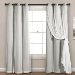 Lush Light Gray Blackout Grommet Curtain Panel Pair With Sheer Overlay, (84")