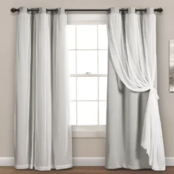 Lush Light Gray Blackout Grommet Curtain Panel Pair With Sheer Overlay, (95")