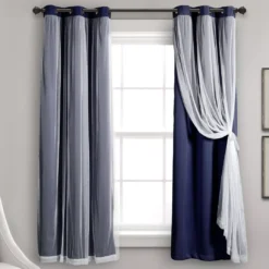 Lush Navy Blackout Grommet Curtain Panel Pair With Sheer Overlay, (63")