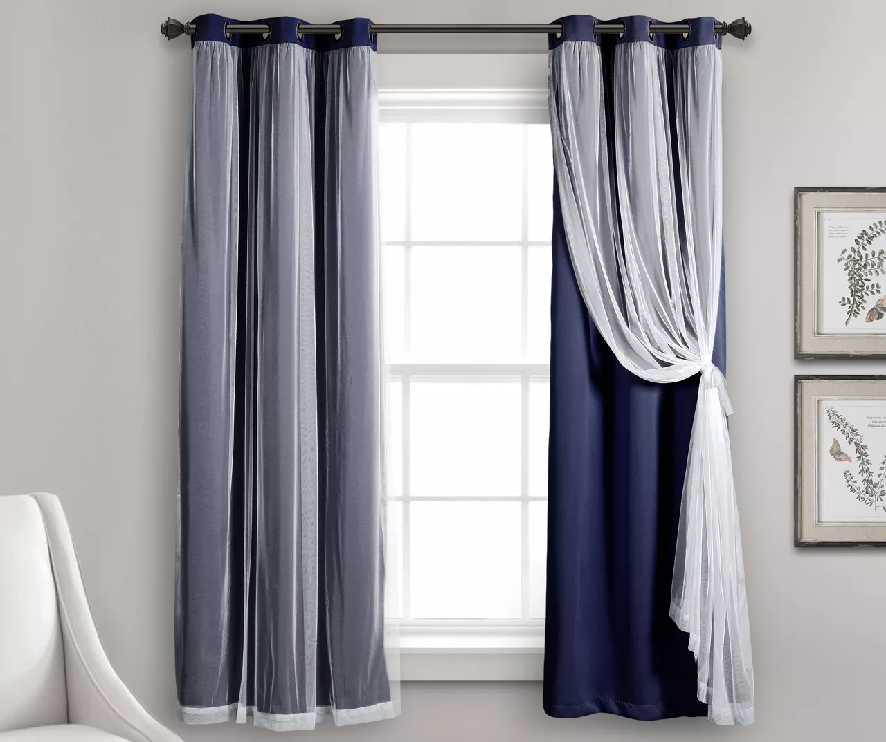 Lush Navy Blackout Grommet Curtain Panel Pair With Sheer Overlay, (63")