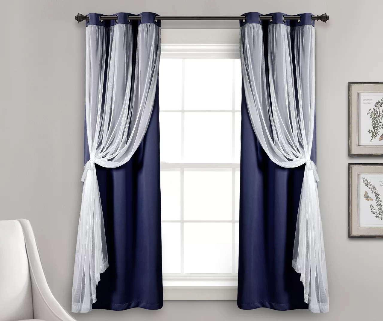 Lush Navy Blackout Grommet Curtain Panel Pair With Sheer Overlay, (63") - Image 3