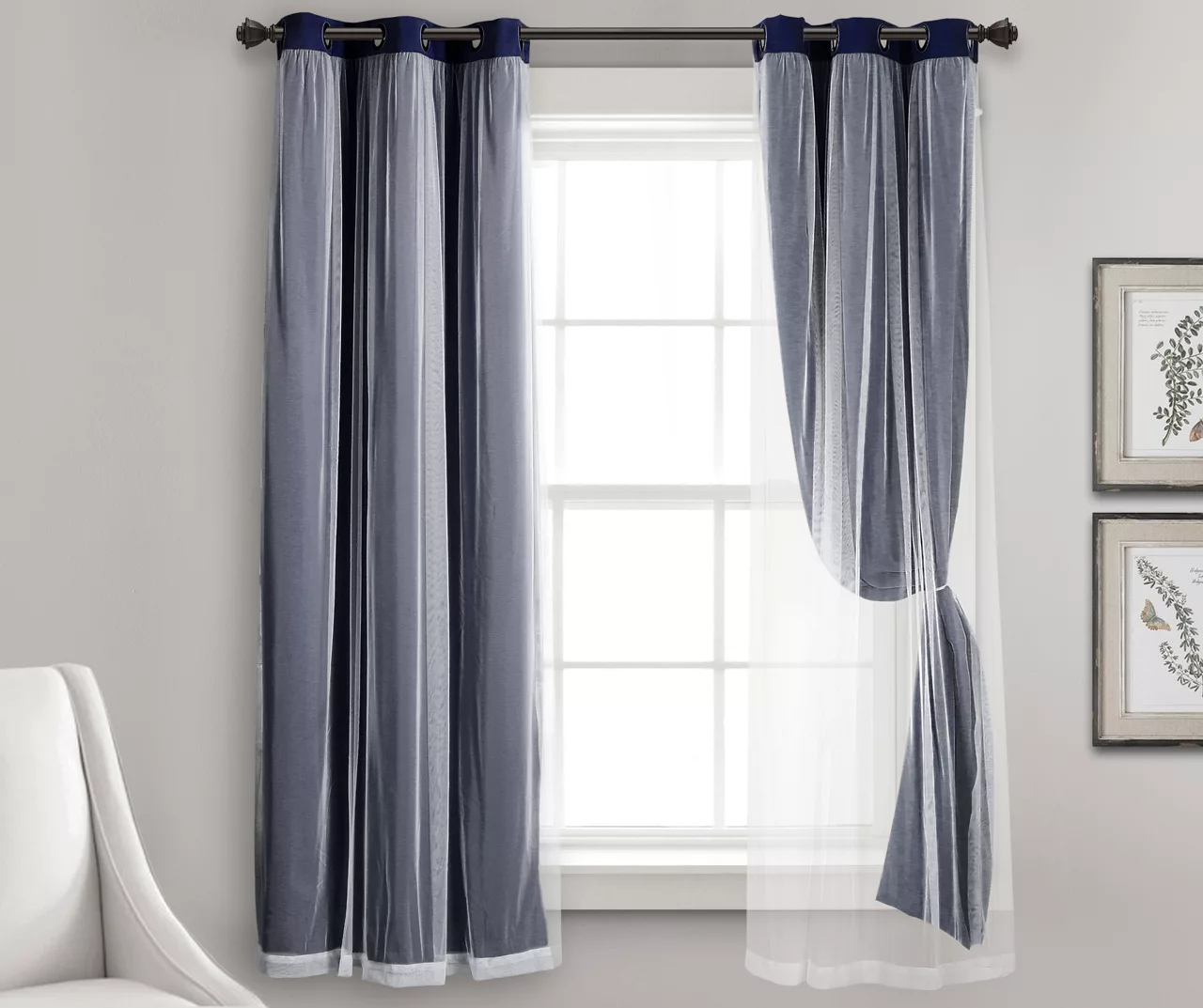 Lush Navy Blackout Grommet Curtain Panel Pair With Sheer Overlay, (63") - Image 4