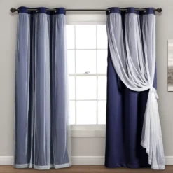 Lush Navy Blackout Grommet Curtain Panel Pair With Sheer Overlay, (84")