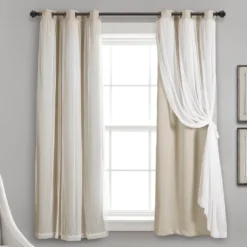 Lush Wheat Blackout Grommet Curtain Panel Pair With Sheer Overlay, (63")