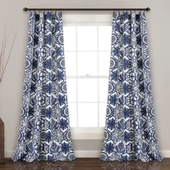 Navy Floral Medallion Room-Darkening Rod Pocket Curtain Panel Pair, (84")