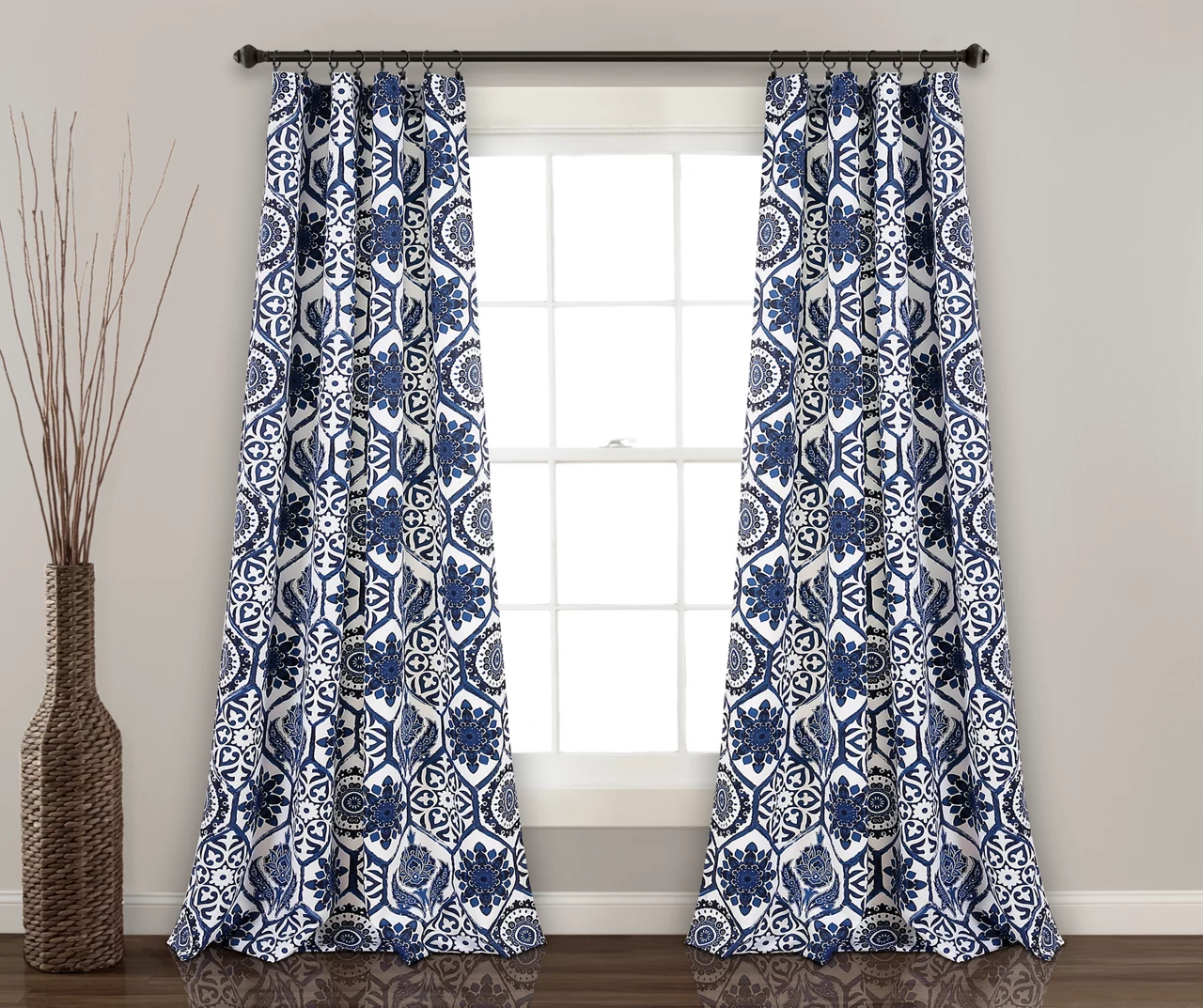 Navy Floral Medallion Room-Darkening Rod Pocket Curtain Panel Pair, (84")