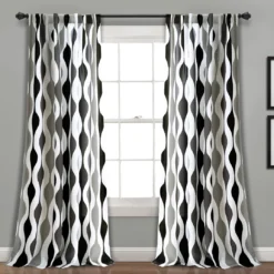 Mid-Century Geo Black & Gray Room-Darkening Back Tab Curtain Panel Pair, (84")