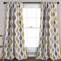 Mid-Century Geo Gold & Gray Room-Darkening Back Tab Curtain Panel Pair, (84")