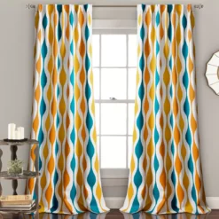 Mid-Century Geo Turquoise & Orange Room-Darkening Back Tab Curtain Panel Pair, (84")