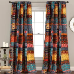 Misha Blue & Yellow Patchwork Room-Darkening Rod Pocket Curtain Panel Pair, (84")