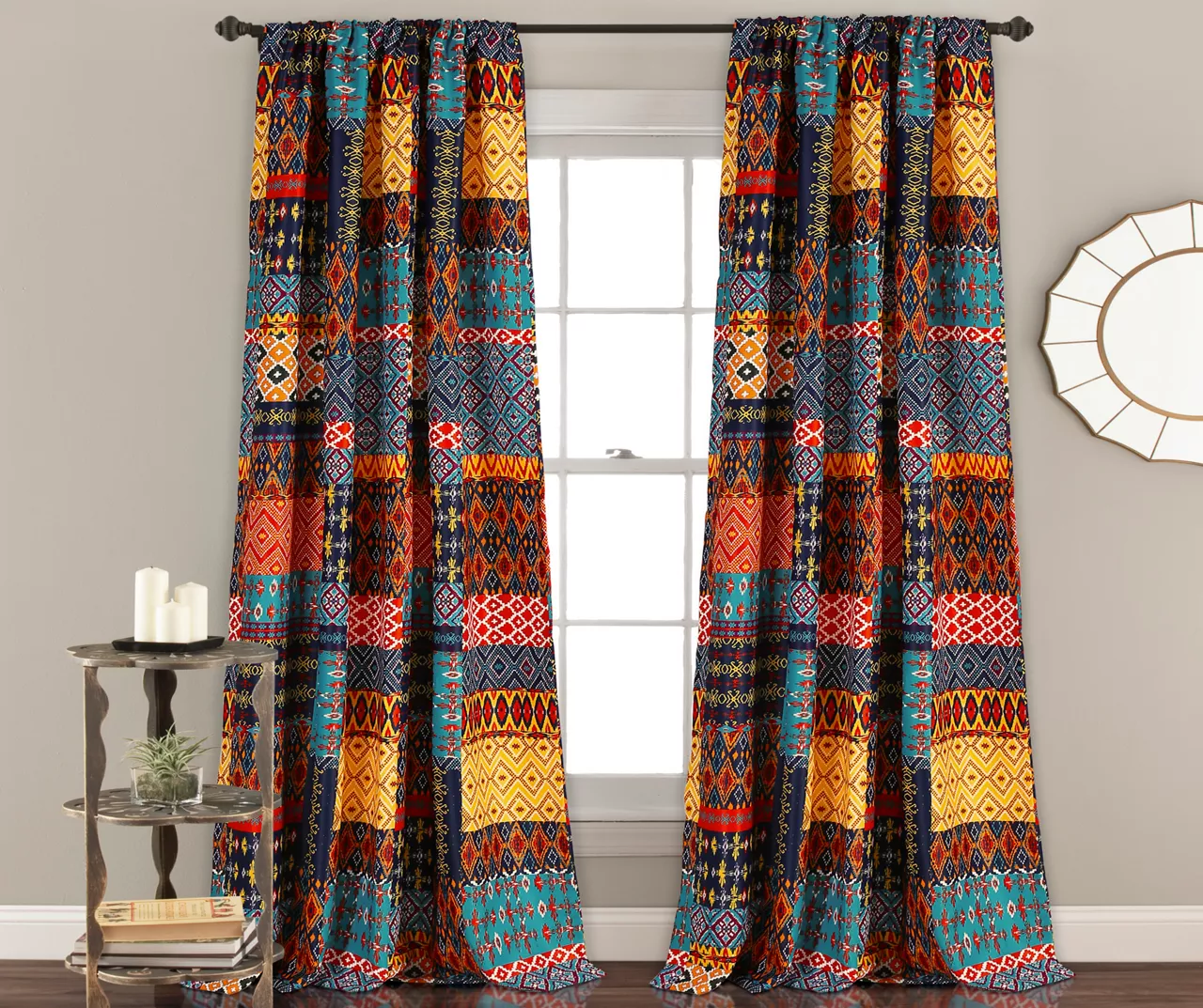 Misha Blue & Yellow Patchwork Room-Darkening Rod Pocket Curtain Panel Pair, (84")