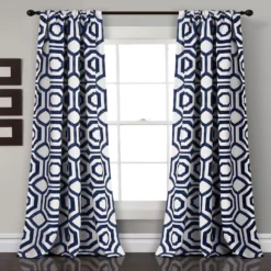 Octagon Blocks Navy Room-Darkening Rod Pocket Curtain Panel Pair, (84")
