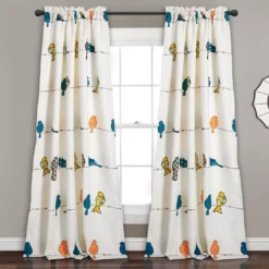 Rowley Birds Blue & Orange Room-Darkening Rod Pocket Curtain Panel Pair, (84")