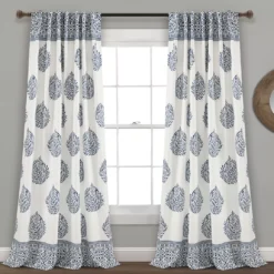 Teardrop Leaf Navy Room-Darkening Back Tab Curtain Panel Pair, (95")