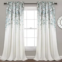 Weeping Flowers Blue & Gray Room-Darkening Rod Pocket Curtain Panel Pair, (84")