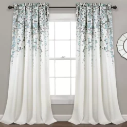 Weeping Flowers Blue & Gray Room-Darkening Rod Pocket Curtain Panel Pair, (95")