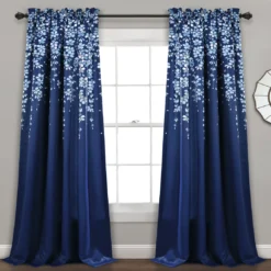 Weeping Flowers Navy Room-Darkening Rod Pocket Curtain Panel Pair, (84")