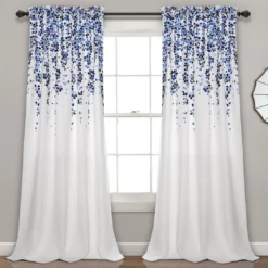 Weeping Flowers Navy & Blue Room-Darkening Rod Pocket Curtain Panel Pair, (95")