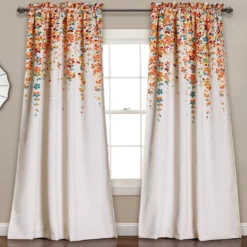 Weeping Flowers Turquoise & Tangerine Room-Darkening Rod Pocket Curtain Panel Pair, (95")