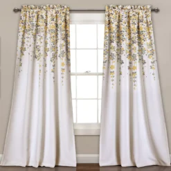 Weeping Flowers Yellow & Gray Room-Darkening Rod Pocket Curtain Panel Pair, (84")