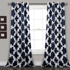 Wellow Ikat Navy & White Room-Darkening Grommet Curtain Panel Pair, (84")