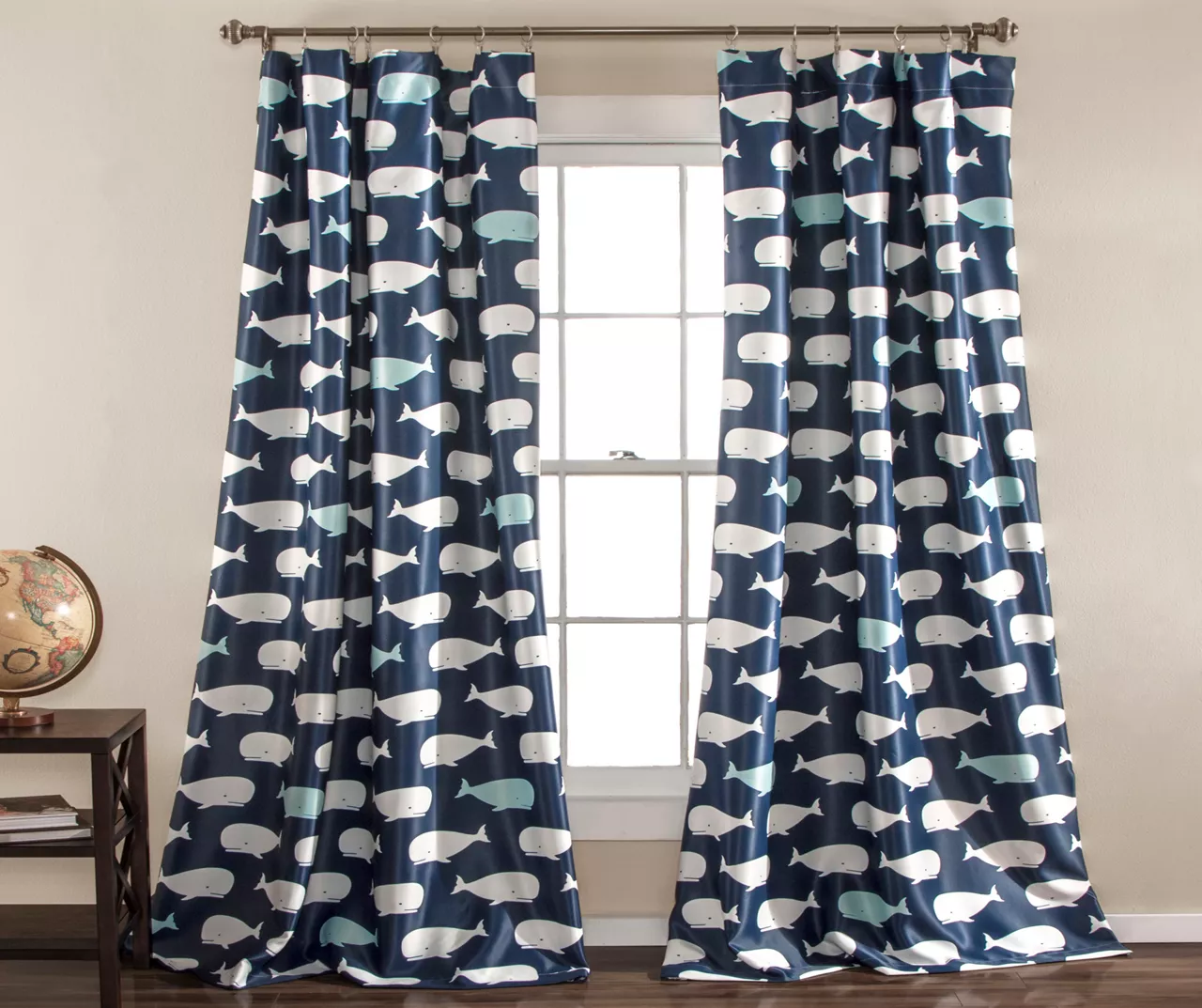 Whale Navy Room-Darkening Rod Pocket Curtain Panel Pair, (84")