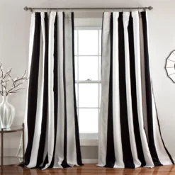 Wilbur Stripe Black & White Room-Darkening Back Tab Curtain Panel Pair, (108")
