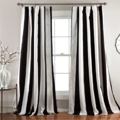 Wilbur Stripe Black & White Room-Darkening Back Tab Curtain Panel Pair, (84")