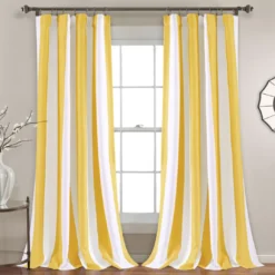 Wilbur Stripe Yellow & White Room-Darkening Back Tab Curtain Panel Pair, (84")