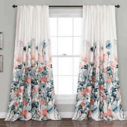 Zuri Flora Blue & Coral Room-Darkening Back Tab Curtain Panel Pair, (84")
