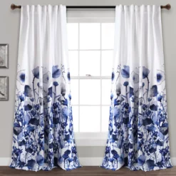 Zuri Flora Navy & White Room-Darkening Back Tab Curtain Panel Pair, (84")