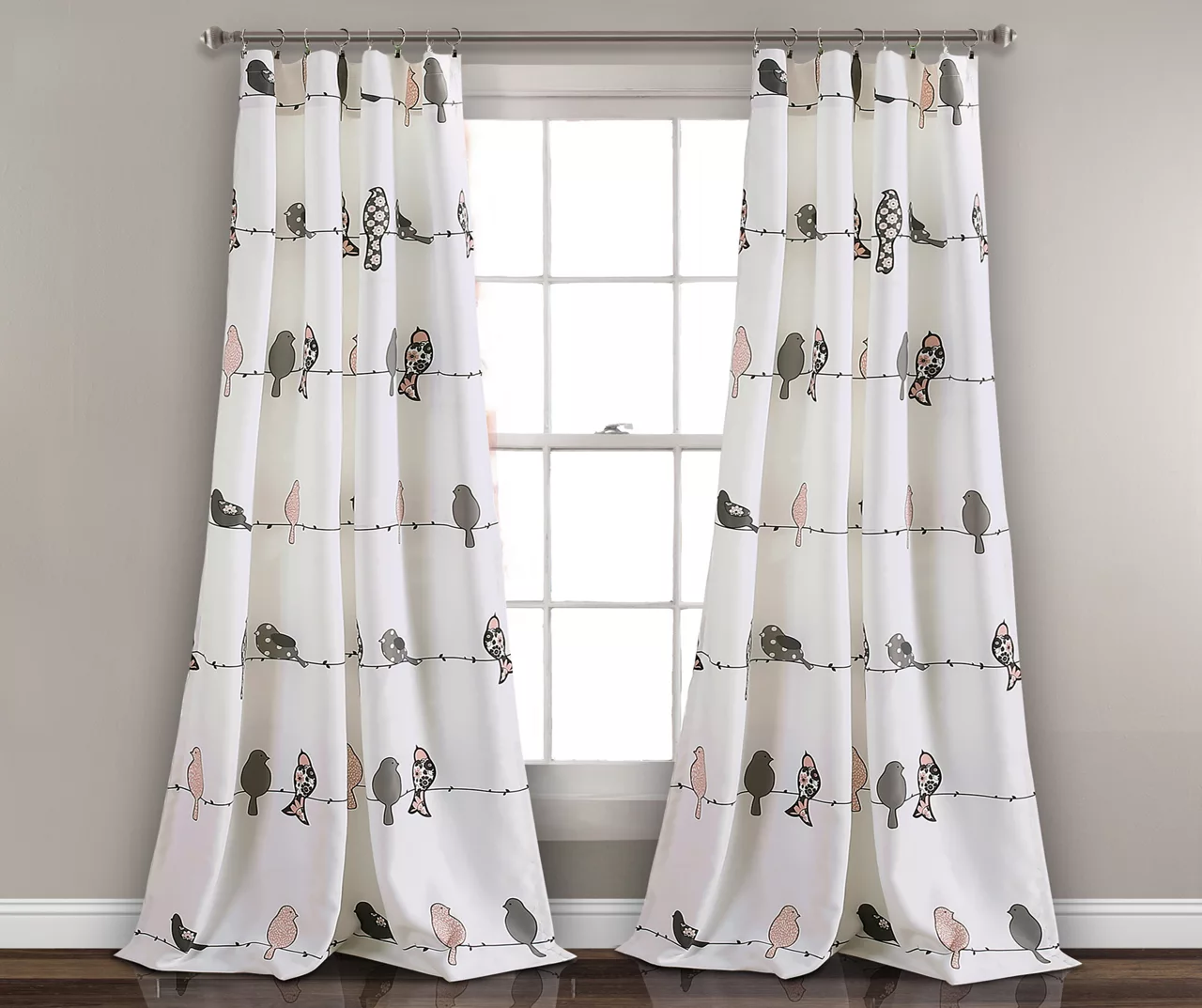 Rowley Birds Blush & Gray Room-Darkening Rod Pocket Curtain Panel Pair, (84") - Image 2