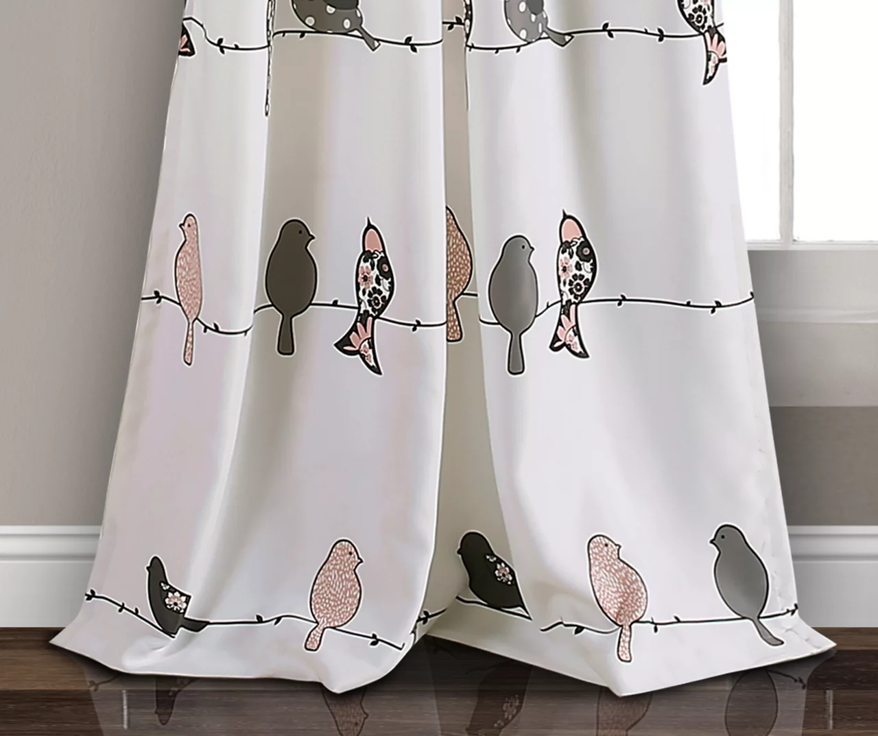 Rowley Birds Blush & Gray Room-Darkening Rod Pocket Curtain Panel Pair, (84") - Image 4