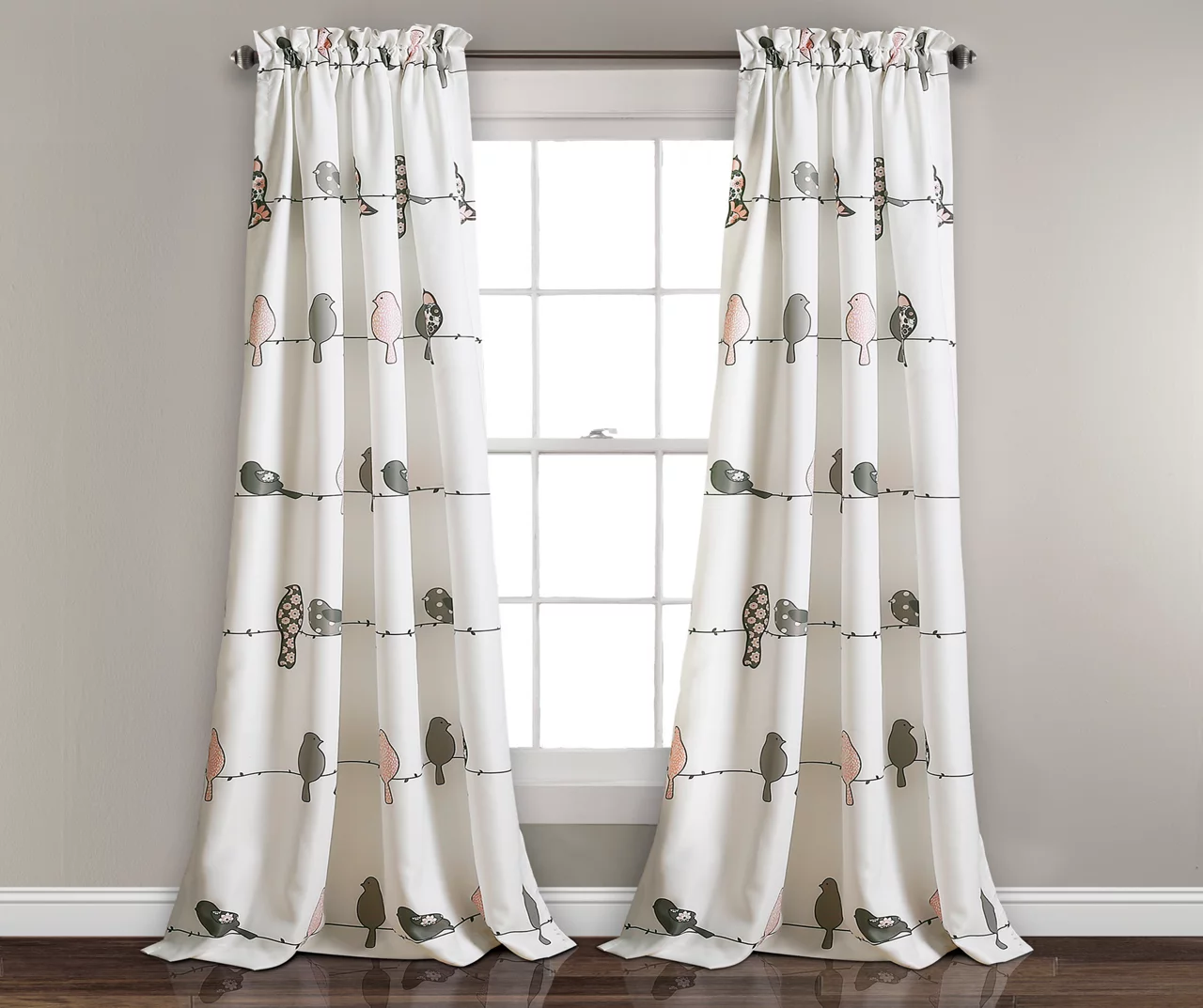 Rowley Birds Blush & Gray Room-Darkening Rod Pocket Curtain Panel Pair, (84")