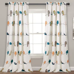Rowley Birds Blue & Orange Room-Darkening Rod Pocket Curtain Panel Pair, (95")