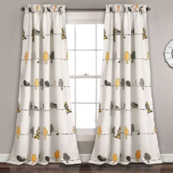 Rowley Birds Yellow & Gray Room-Darkening Rod Pocket Curtain Panel Pair, (95")